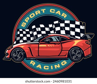Sport car vintage flyer colorful with fast automobile near large checkered flag for design magazine about street racing vector illustration