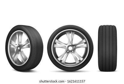 Sport car wheel with japanese steel disk isolated on white background front and side view. Realistic 3d icon of modern black rubber tire for advertising of automobile service, rally