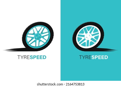 Sport car wheel tire logo design. Simple flat 3d cartoon tire vector illustration. Automotive wheel high-speed motion.