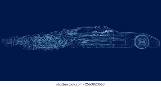 sport car wireframe, side view, vector illustration. It breaks into many small pieces