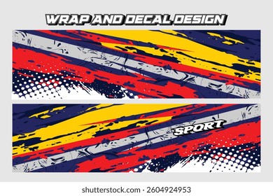 Sport car wrap decal design and vehicle livery background navy blue  in yellow and red color Vector template EPS 10