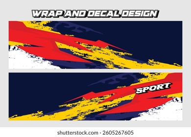 Sport car wrap decal design and vehicle livery background navy blue  in yellow and red color Vector template EPS 10