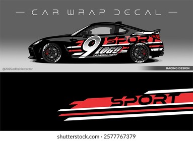 Sport car wrap design. livery decal with black red colour. Sticker car vinyl suitable for racing, rally or daily use