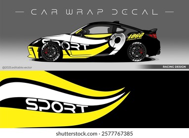 Sport car wrap design. livery decal with black yellow colour. Sticker car vinyl suitable for racing, rally or daily use