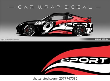 Sport car wrap design. livery decal with black red colour. Sticker car vinyl suitable for racing, rally or daily use