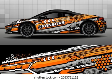 Sport car wrap design vector. Graphic abstract orange and gray stripes for packaging vehicles, racing cars, cargo vans, pickup trucks and racing livery.

