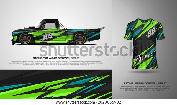 Sport car wrap and t shirt design vector for race car,
pickup truck, rally, adventure vehicle, uniform and sport livery.
Graphic abstract stripe racing background kit designs. eps
10
