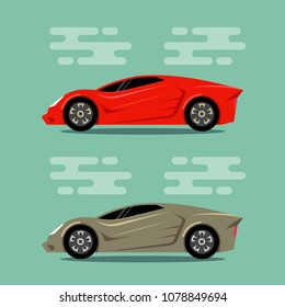 Sport cars in flat color style. Red gold roadster icons. Vector illustrations.
