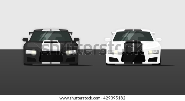 Sport cars isolated vector\
illustration, black and white super cars front view, expensive\
tuned cars