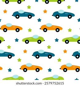 Sport cars seamless background for boys. Cartoon racing car for cover, stationery. Cute bright fabric print for baby clothes, kids fabrics. Childish nice white background. Flat vector illustration.