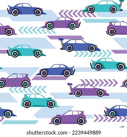 Sport cars seamless pattern. fun cartoon street racing cars for children fabric and fashion textile print. Vector background.