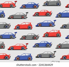 Sport cars seamless pattern. fun cartoon street racing cars for children fabric and fashion textile print. Vector background.