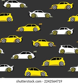 Sport cars seamless pattern. fun cartoon street racing cars for children fabric and fashion textile print. Vector background.