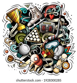 Sport cartoon doodle illustration. Funny creative vector background. Sporting elements and objects. Colorful composition