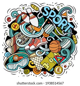 Sport cartoon doodle illustration. Funny creative vector background. Sporting elements and objects. Colorful composition