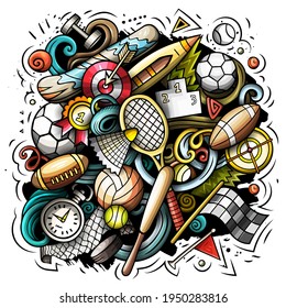 Sport cartoon doodle illustration. Funny creative vector background. Sporting elements and objects. Colorful composition