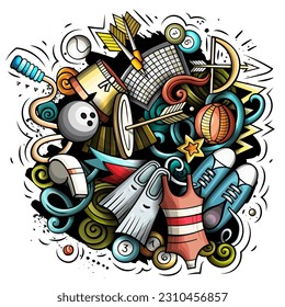 Sport cartoon doodle illustration. Funny creative vector background. Sporting elements and objects. Colorful composition