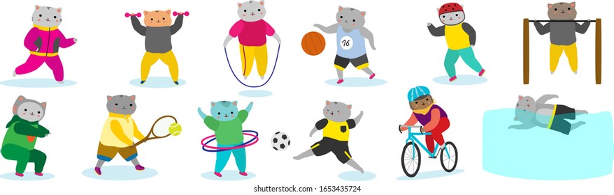 Sport cat cartoon character, cute pet animal mascot, set isolated on white, vector illustration. Active healthy lifestyle, sport training and fitness workout. Kitten playing football and cycling cat