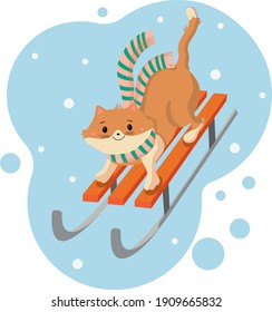 sport cat rides from the mountain on a sled.Vector graphics.