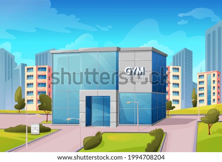 Sport center gym building on city street, fitness or bodybuilding club exterior front view. Modern city architecture, metropolis cityscape with fitness center building entrance with glass facade