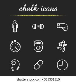 Sport chalk icons set. Gym dumbbell, stopwatch, skipping rope, boxing glove and running man. Active lifestyle and workout symbols. White illustrations on blackboard. Vector chalkboard logo concepts