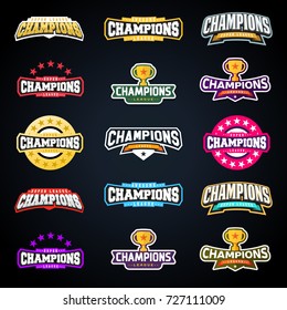 Sport champion or champions league emblem typography set. Vector Super sport logo for your t-shirt. Vector Mega logotype bundle collection.