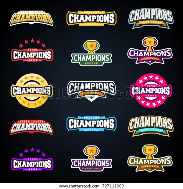 Sport champion or champions league emblem\
typography set. Vector Super sport logo for your t-shirt. Vector\
Mega logotype bundle\
collection.