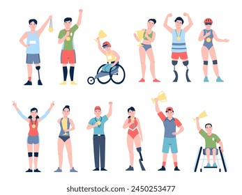 Sport champions. Athletes with gold trophies and medals, olympic and paralympic games winners. Sports championship victory, recent vector set