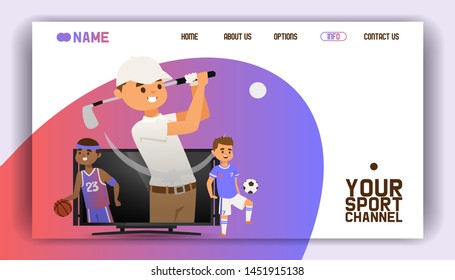 Sport channel banner website design vector illustration. Playing golf with equipment such as club and ball, football and basketball players standing in TV screen. Contact information.