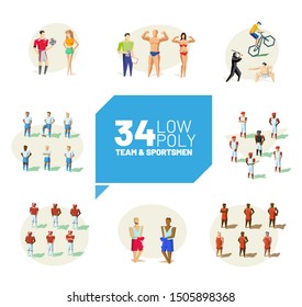 Sport character. Active sport concept. Differrent sportsman set. Healthy activity. Football concept. Soccer team. Workout man group. Low poly style. Polygonal illustration. Use for infographic design.