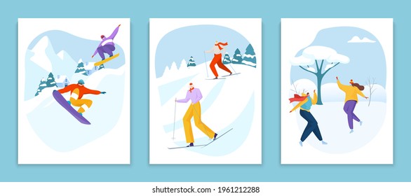 Sport character man, woman person winter physical activity event card, gift voucher skiing workout flat vector illustration, isolated on white.