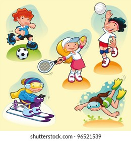 Sport characters with background. Cartoon vector illustration.