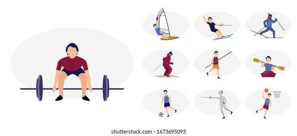 sport characters flat set with weightlifter, fencer, soccer player, skier design element for illustration. flat icon