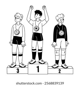 Sport characters standing on winner stage illustration in hand drawn style 

