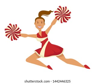 Líder de torcida esportiva em uniforme menina com pompoms saltando vetor personagem feminino isolado animando a equipe de dança e mostrando truques de universidade ou estudante universitário apoiar o futebol ou basquete.