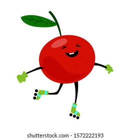 Sport chery on rollers character. Funny fruit food on sport exercises, fitness vitaminic human healthy nutrition vector illustration