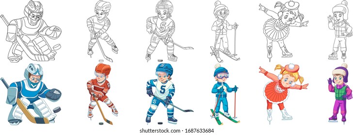 Sportkinder. Cartoon Video-Set für Kinderaktivität Farbbuch, T-Shirt-Druck, Symbol, Logo, Etikett, Patch oder Aufkleber. Vektorillustration.