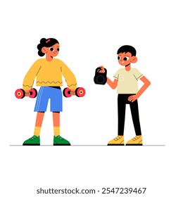 Niños Deportivos Con Pesas Y Kettlebell En Ilustración vectorial Plana Que Simbolizan La Aptitud, El Entrenamiento De Fuerza Y El Estilo De Vida Activo, Aislados Sobre Fondo Blanco