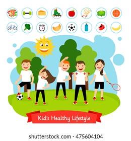 Sport Children Summer Activity. Happy Smiling Kids Active Healthy Lifestyle And Healthy Food Vector Illustration