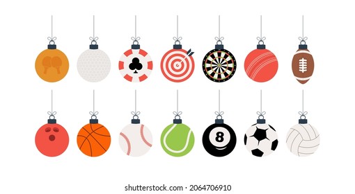 Sport Christmas balls set. Christmas set with sport baseball, basketball, football, tennis, cricket, soccer, volleyball, bowling, billiard, darts, golf balls hang on a thread. Vector illustration.