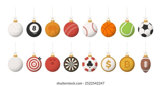 Sport Christmas balls set. Retro Christmas set with sport baseball, basketball, football, tennis, cricket, soccer, volleyball, bowling, billiard balls hang on a thread. Vector illustration.