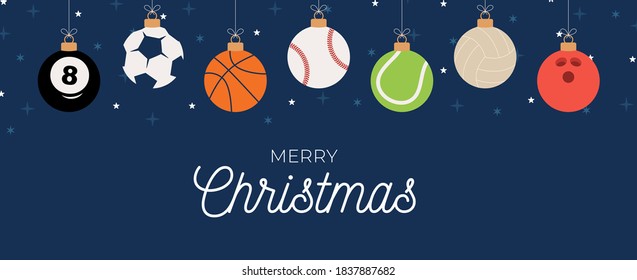 Sport Christmas greeting card. Christmas card with sport baseball, basketball, football, tennis, cricket, soccer, volleyball, bowling, billiard balls hang on a thread. Vector illustration.