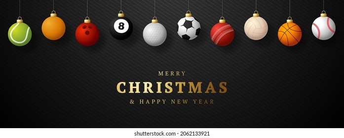 Sport christmas greeting card. Christmas card with sport baseball, basketball, football, tennis, cricket, soccer, volleyball, bowling, billiard balls hang on a thread. Vector illustration.