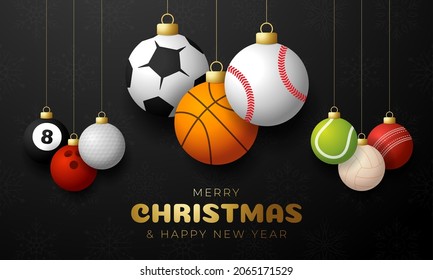 Sport christmas greeting card. Christmas card with sport baseball, basketball, football, tennis, cricket, soccer, volleyball, bowling, billiard balls hang on a thread. Vector illustration.