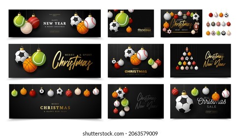 Sport Christmas and Happy New Year luxury banner set. Collection of Christmas greeting card with sport ball as a xmas ball on black background. Vector illustration set