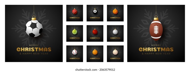 Sport Christmas and Happy New Year luxury greeting card set. Collection of square christmas banner with sport ball as xmas ball on black background. Vector illustration set