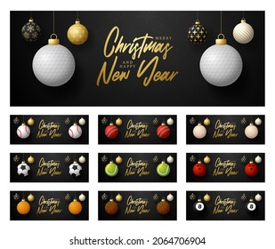 Sport Christmas and Happy New Year luxury banner set. Collection of Christmas greeting card with sport ball as a xmas ball on black background. Vector illustration set