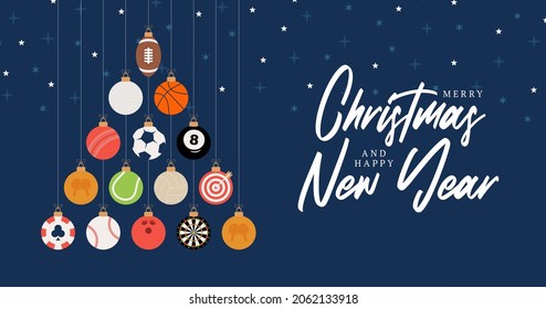 Sport Christmas illustration. Creative Xmas tree made by football, soccer, basketball, cricket, golf, baseball, tennis ball. Christmas and new year flat Vector Sport greeting card banner