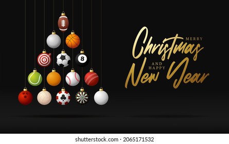 Sport Christmas illustration. Creative Xmas tree made by football, soccer, basketball, cricket, golf, baseball, tennis ball. Christmas and new year realistic Vector Sport greeting card banner