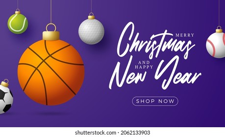 Sport christmas sale banner. Christmas card with sport baseball, basketball, football, tennis balls hang on a thread on purple modern background. Vector illustration. Place for your text